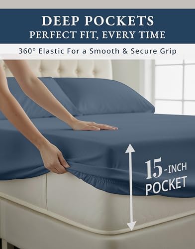 LANE LINEN King Sheets Cooling Sateen Weave - Estate Blue Swiss Dot
