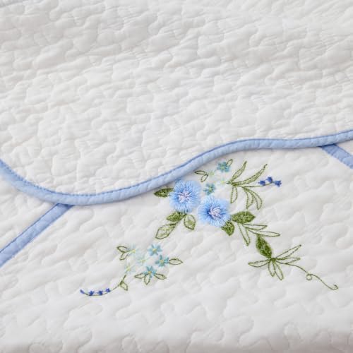 100% Cotton Full Size Quilt Set – 3-Piece Lightweight Bedspread Coverlet with Embroidery, All-Season Bohemian Bedding Set for Master Bedroom Guest Room White with Blue Embroidery