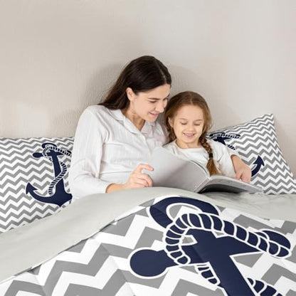 Castle Fairy Gray Stripes Comforter Set King Size,Geometric Anchor Bedding Set 3pcs for Kids Boys Adults Room Decor,Nautical Adventure Style Quilt Set Modern Abstract Duvet Insert,2 Pillowcases
