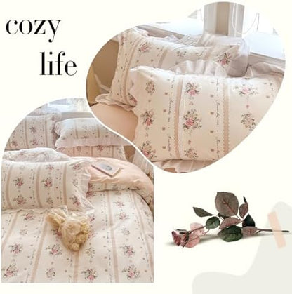 VM VOUGEMARKET Pink Flower Duvet Cover Set Twin Reversible Ruffle Duvet Cover with Zipper Ties 100% Cotton Cute Romantic Girls White Lace Comforter Cover with 2 Pillow Shams