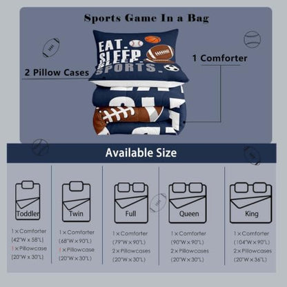 Feelyou Football Comforter Set Twin Size Kids Basketball Baseball Soccer Comforter for Boys Girls Sports Theme Bedding Set Breathable Soft Navy Blue Duvet Quilted Ball Game Room Decor