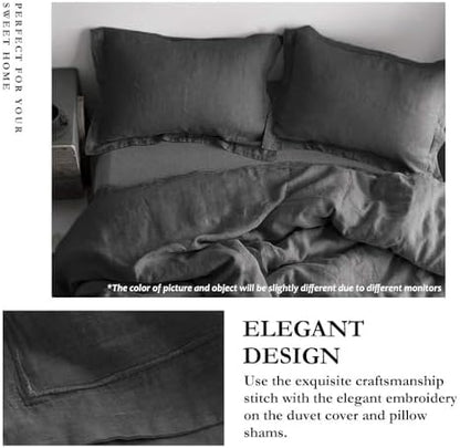 Simple&Opulence 100% Linen Duvet Cover Set with Embroidery Border Washed - 3 Pieces (1 Duvet Cover with 2 Pillow Shams) with Button Closure Soft Breathable Farmhouse - Dark Grey, Queen Size