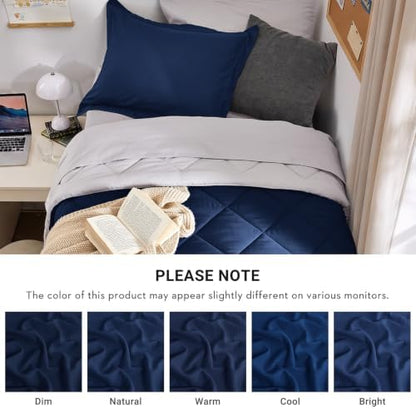 MUXHOMO 5 Pieces Twin XL Comforter Set, Reversible Bed in a Bag Twin XL Size, All Season Bedding Set with Comforter, Flat Sheet, Fitted Sheet, Pillowcases & Shams, Navy & Light Grey