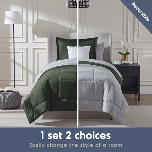 Nestl 7 Piece Twin XL Comforter Set – Olive Green Reversible Bed in a Bag – Complete Twin XL Size Bedding Set with Sheets, Set of 2 Down Alternative Pillows, Pillowcase and Sham