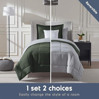 Nestl 7 Piece Twin XL Comforter Set – Olive Green Reversible Bed in a Bag – Complete Twin XL Size Bedding Set with Sheets, Set of 2 Down Alternative Pillows, Pillowcase and Sham