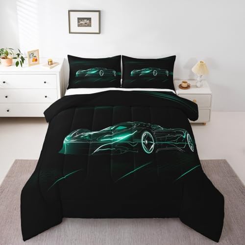 Feelyou Teal Race Car Bedding Set Queen Size for Kids Teens