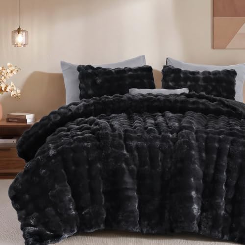 Smoofy Fluffy Faux Rabbit Fur Bubble Comforter King Size - Black