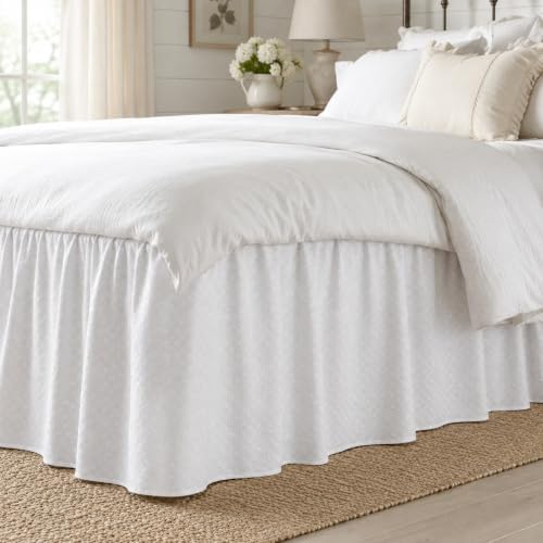 White Jacquard Bed Skirt Full 15" Drop, Elastic Wrap Around Bedskirt