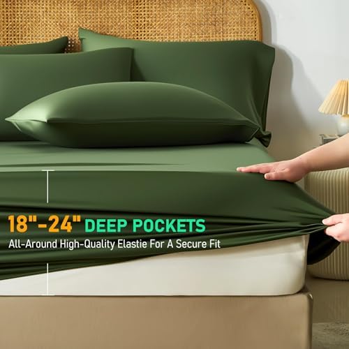 100% Viscose Derived from Bamboo Sheet Set, Natural Breathable Moisture-Wicking for Hot Sleepers, 24" Deep Pocket, 4 Piece