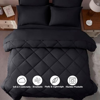ELNIDO QUEEN® Queen Comforter Set Black - 7 Pieces Bed in a Bag Comforters Queen Size, Bed Set All Seasons, Black Bedding Sets with Comforter, Flat Sheet, Fitted Sheet, Pillowcases and Pillow Shams