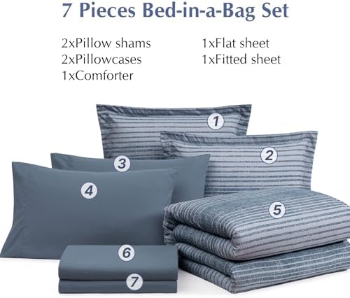Queen Comforter Set Striped Lake Blue Coastal 7 Pieces Bed in a Bag