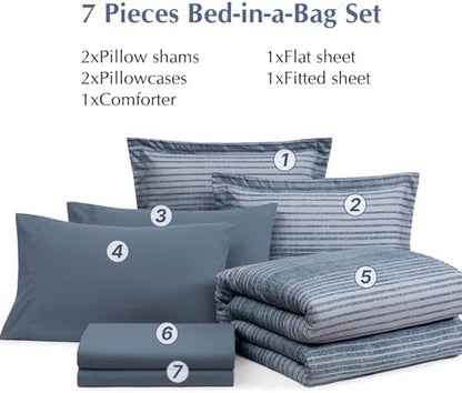 Queen Comforter Set Striped Lake Blue Coastal 7 Pieces Bed in a Bag