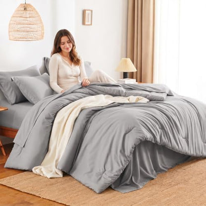 HIMEET Full Comforter Set, 7-Piece Point-Quilted Bed in a Bag, French Grey