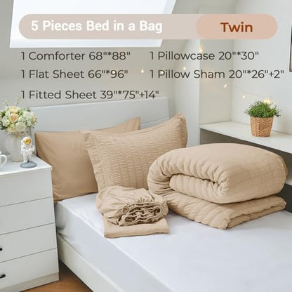 MUXHOMO 5 Pieces Twin Comforter Set, Seersucker Bed in a Bag Twin Size, All Season Luxury Bedding Set with Comforter, Flat Sheet, Fitted Sheet, Pillowcase & Sham, Khaki