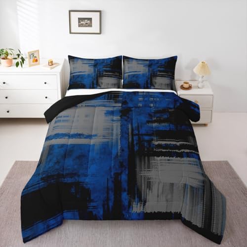 Kids Blue Grey Black Bedding Set King Size Abstract Duvet Quilt for Boys Girls Teens Bedroom Decor Geometric Comforter Set Breathable Soft Lightweight Microfiber Women Men Modern With 2 Pillow Case
