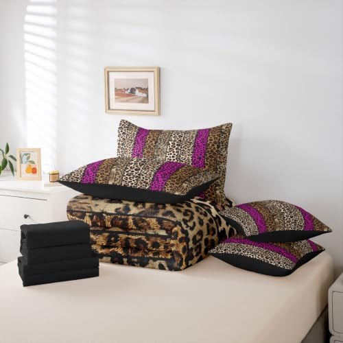 Erosebridal Hot Pink Leopard Print King 7-Piece Comforter Set for Men Women Adults - African Cheetah Printed Bedding Set with Sheets Wild Safari Animal Bed in a Bag Modern Leopard Print Bed Sets
