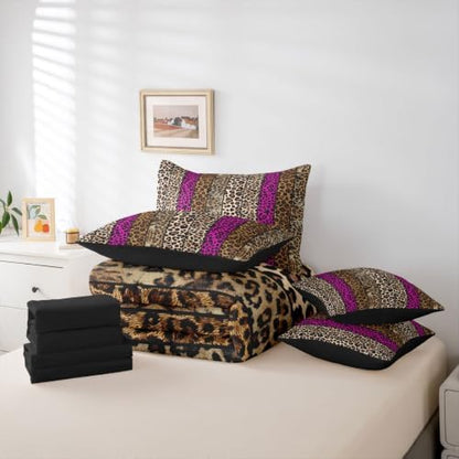 Erosebridal Hot Pink Leopard Print King 7-Piece Comforter Set for Men Women Adults - African Cheetah Printed Bedding Set with Sheets Wild Safari Animal Bed in a Bag Modern Leopard Print Bed Sets