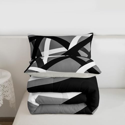 jejeloiu Black Gray Bedding Set Soft for Boys Girls, Geometric Comforter Set Twin Size Stripe Line Duvet Quilt Microfiber Modern Abstract Bedroom Decor 2 Pcs with 1 Pillow Cases
