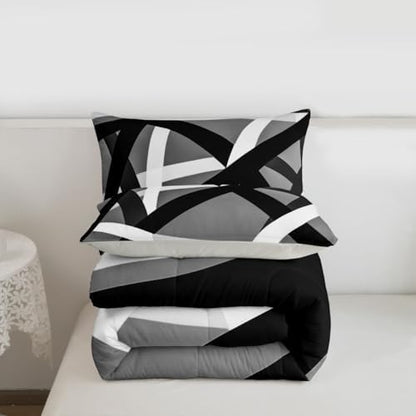 jejeloiu Black Gray Bedding Set Soft for Boys Girls, Geometric Comforter Set Twin Size Stripe Line Duvet Quilt Microfiber Modern Abstract Bedroom Decor 2 Pcs with 1 Pillow Cases
