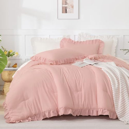 Andency Blush Ruffle Comforter Oversized Queen, 3 Pcs Solid Farmhouse Bed