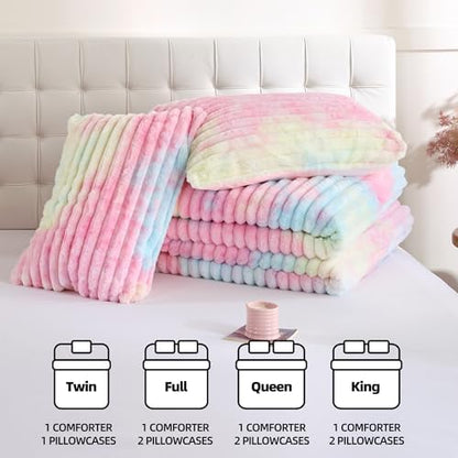 Smoofy Fluffy Full Size Comforter 3 PCS - Rainbow Fleece Bedding Set