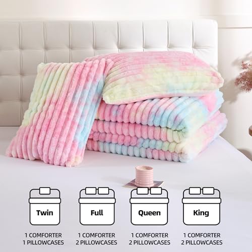 Smoofy Fluffy King Size Comforter 3 PCS - Rainbow Fleece Bedding Set