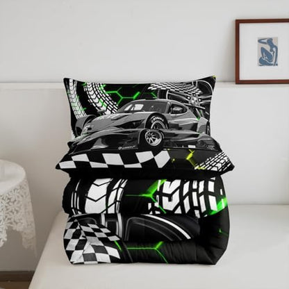 Race Cars Toddler Bedding Sets for Boys,Yellow Green Neon Lights Honeycomb Bedding Set Cool Sports Car Beehive Geometric Hexagon Comforter Set,Black White Lattice Quilt Buffalo Plaid Decor