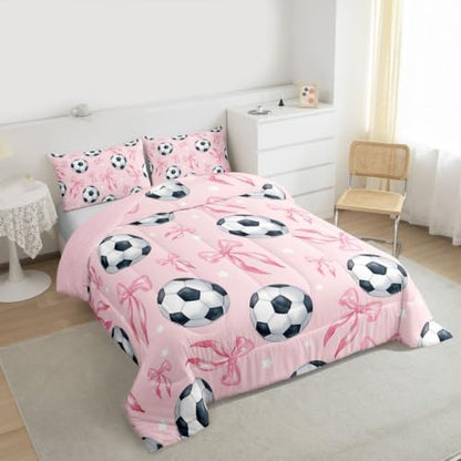 Coquette Soccer Bedding Sets Full Size,Pink Ribbon Bowknot Comforter Set 3Pcs for Kids Girls Boys Youth Room Decor,Cute Stars Pattern Quilted Duvet Sports Bow Game Down Comforter,2 Pillowcases