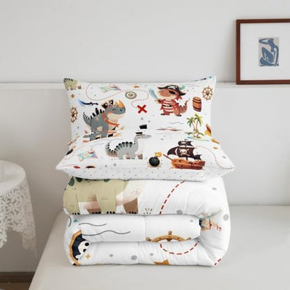 Homewish Pirate Dinosaur Kids Comforter Set Toddler Size for Boys,Sea Nautical Map Theme Bedding Set 2Pcs,Child Teens Bedroom Decor,Cartoon Animals Quilt Set Ocean Adventure Duvet Insert,1 Pillowcase