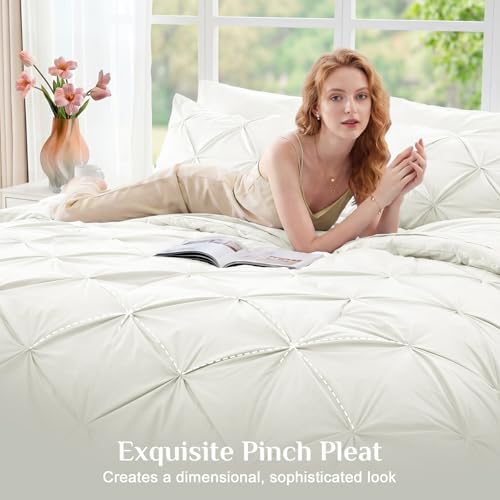 JOLLYVOGUE Queen Comforter Set 7 Pieces - Bed in a Bag Queen for All Season, Pintuck Bedding Comforter Sets with Comforter, Flat Sheet, Fitted Sheet and Pillowcases & Shams, Ivory