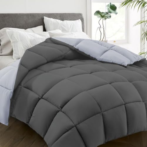 HYLEORY All Season California King Size Bed Comforter - Cooling Down Alternative Comforter Quilted Duvet Insert with Corner Tabs - Winter Warm - Machine Washable - Reversible Dark Grey/Light Grey