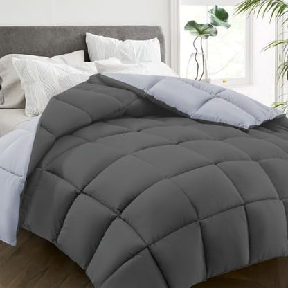 HYLEORY All Season California King Size Bed Comforter - Cooling Down Alternative Comforter Quilted Duvet Insert with Corner Tabs - Winter Warm - Machine Washable - Reversible Dark Grey/Light Grey