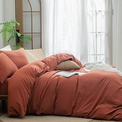 BESTOUCH Cotton Solid Duvet Cover Set Linen Feel Crimson Red Queen