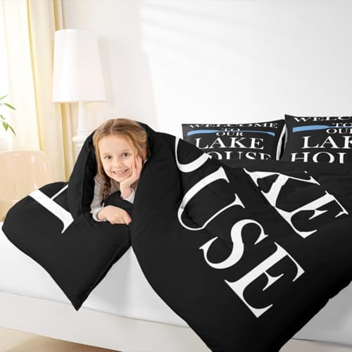 Lake House Comforter Set Full Size, Blue Paddle Lake Camping Bedding Set 3pcs, Rustic Farmhouse Lake Life Black Down Comforter for All Season, Kids Boys Girls Room Decor, 2 Pillowcases, No Sheets