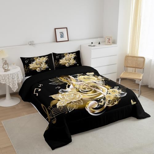 Feelyou Yellow Music Note Comforter Set King Size Couple Rose Floral Comforter for Girls Women Lover Valentine's Day Bedding Set Romantic Musical Duvet Set Room Decor