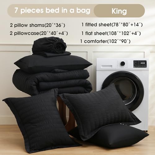 FreshCulture Comforter Set Seersucker 7 Pieces, All Season Bedding Set King, Bed in a Bag Comforter Set with 1 Comforter, 1 Flat Sheet, 1 Fitted Sheet, 2 Pillowcases and 2 Pillow Shams, Black