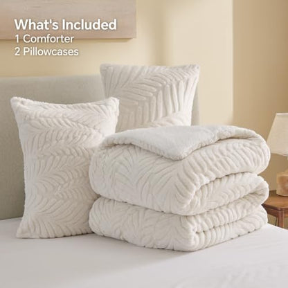 BEDELITE Fluffy Sherpa King Comforter Set,Leaf-Cream