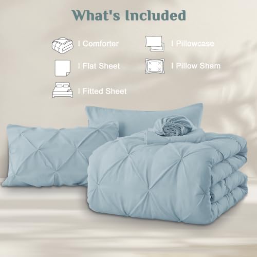 JOLLYVOGUE Twin XL Comforter Set 5 Pieces - Bed in a Bag Twin XL for All Season, Pintuck Bedding Comforter Sets with Comforter, Flat Sheet, Fitted Sheet and Pillowcases & Shams, Greyish Blue