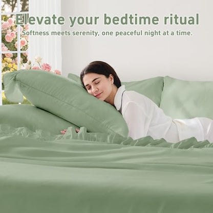 FUANNA Queen Sheets 4 Pieces - Green Sheets with 4-Inch Ruffles Bed Skirt