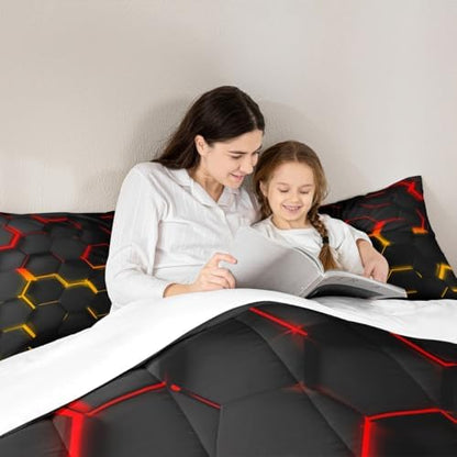 Manfei Honeycomb Comforter Set Queen Size Geometric Hexagon Bedding Set 3pcs for Kids Boys Teens Room Decor Yellow Red Neon Lights Duvet Insert Modern Fashion Luxury Down Comforter with 2 Pillowcases