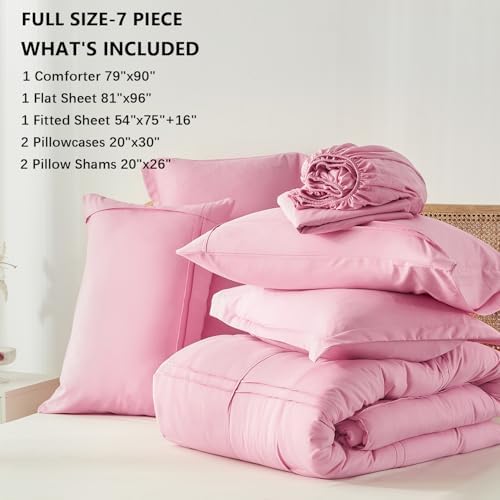 Yogeneg Full Size Comforter Set 7 Piece Bed in a Bag,Grid Pinch Pleat Pink Bedding Set,Striped Textured Soft Microfiber Comforter with Sheet Set,All Season Complete Bed Set(Pink,Full)