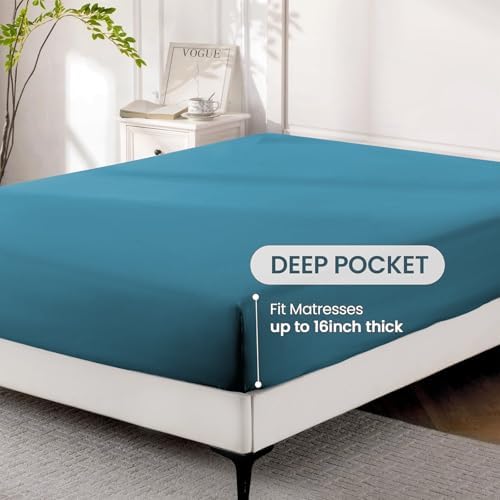 ROSE&RISY Denim Blue King Sheet Set, 4 Pcs Soft Bedding King Sheet Set, Breathable and Cooling,Includes 1 Fitted Sheet, 1 Flat Sheet, 2 Pillowcases - Deep Pocket (Denim Blue, King)