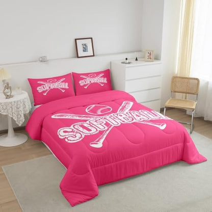 Homewish Softball Full Size Comforter Set,Sports Gaming Bedding Set for Adults Teens,Children Sport Softball Comforter Luxury Pink White Quilt Set Room Decor 3Pcs