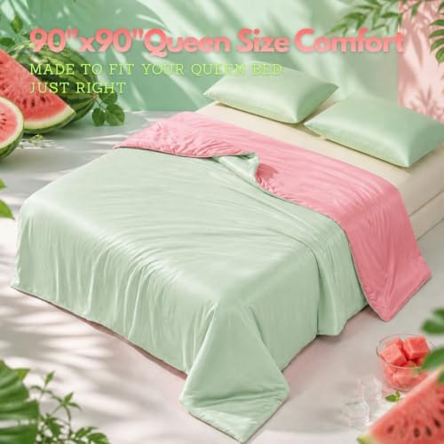 Eastsora Cooling Comforter Queen Size, Cooling Blanket for Hot Sleepers, Q-Max 0.45 Reversible Summer Comforter, Lightweight Breathable Bedding for Night Sweats(Pink+Green)
