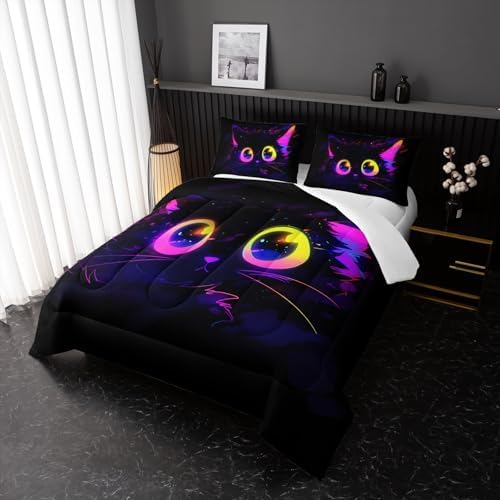Nttopship Cute Cat Kids Comforter Set Queen Size 3pcs Black in Dark 3D Digital Animals Printed Pattern Comforter Set for Kids Boys Girls Adults Animal Print Room Decor Comforter with 2 Pillowcases
