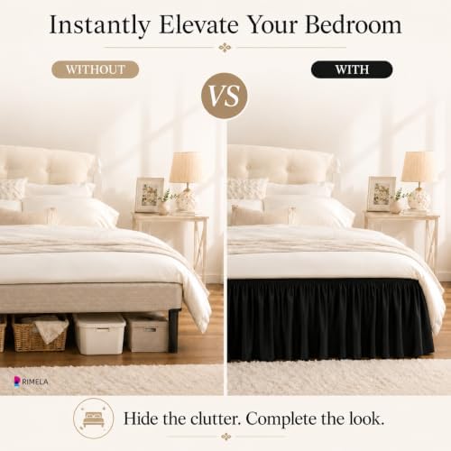 Black Bed Skirt Queen Size 12 Inch Drop, Elastic Wrap Around Bedskirt