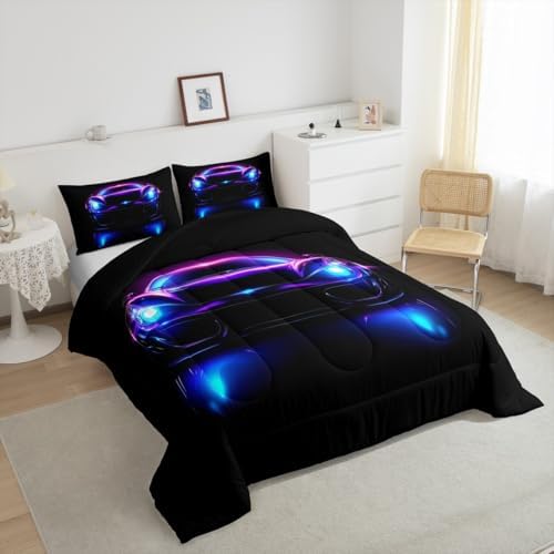 Erosebridal 3 Pieces Race Car Comforter Set King Size Purple Blue Black Sports Car Bedding Sets for Boy Car Room Decor 3D Geometric Bed in A Bag with 1 Comforter,2 Pillowcases,Colorful,All Season