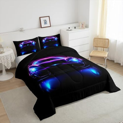 Erosebridal Neon Race Car Boy Toddler Bedding Sets for Kids,Watercolor Cars Comforter Set for Child Room Decor,Retro Speed Racing Cars Comforter,Hot Pink Sports Racing Games Quilt,Purple Blue Black