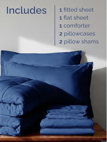 Full Comforter Set - 7 Piece Reversible Bed in a Bag - Navy Blue/Sky Blue