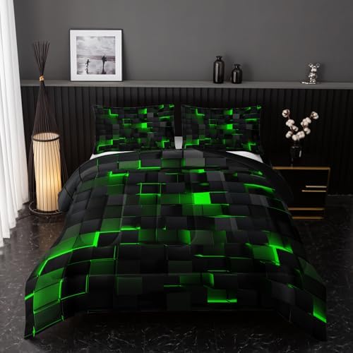 Nttopship Neon Green Black Comforter Set Full Geometric Kids Bedding Set,3 PCS Geometry Honeycomb Bed Set Modern Quilt Set 1 Comforter 2 Pillow Cases Cool Room Decor All Season B-Side Black